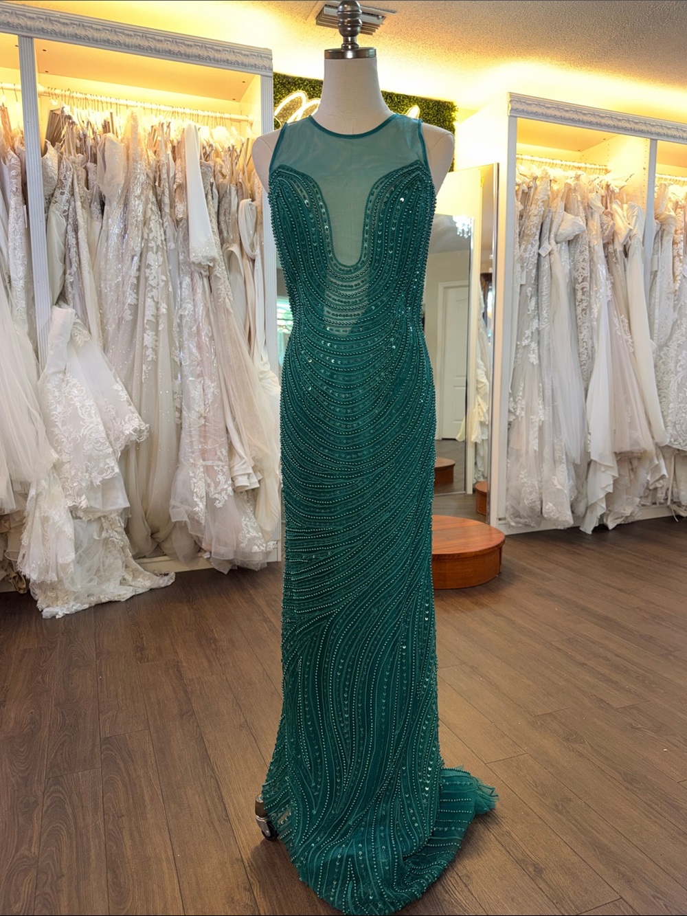Beaded Emerald Maxi Gown with Sheer plunging necklace sheer
